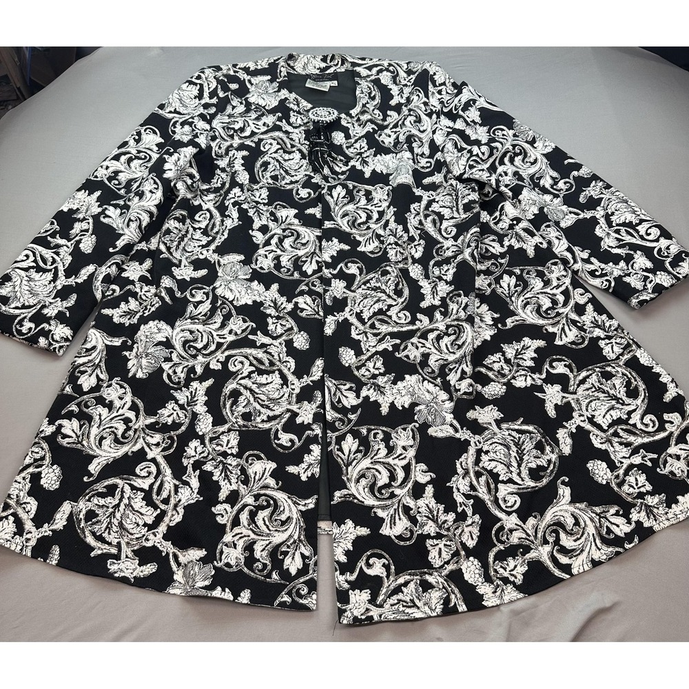 Diane Freis Jacket Womens Medium Large Black White Beaded Brocade Coat 90s